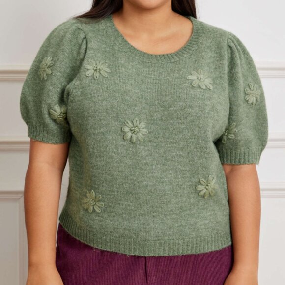 Wool-Blend Green Round Neck Flower Knitted Short Sleeve Top - NEW - Picture 4 of 15